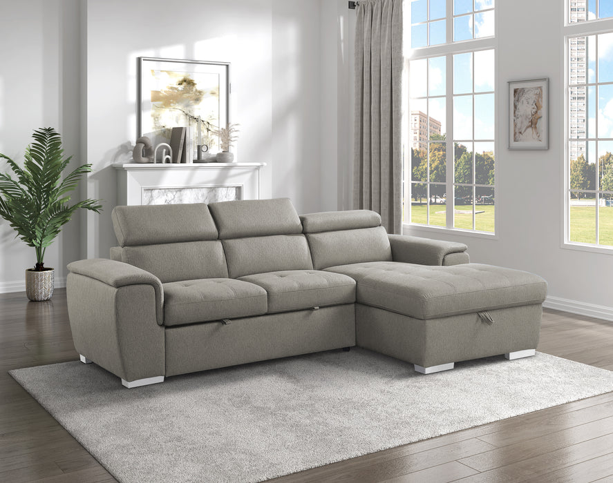 Berel 2-Pcs Sectional w/ Adj. Headrests, Pull-out Bed & Right Chaise w/Hidden Storage BROWN