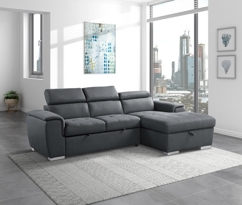 Berel 2-Pcs Sectional w/ Adj. Headrests, Pull-out Bed & Right Chaise w/Hidden Storage CHARCOAL