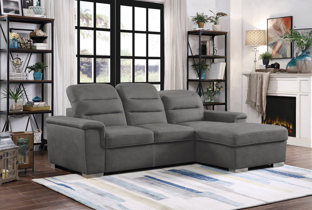 Alfio 2-Pcs Sectional w/ Adj. Headrests, Pull-out Bed & Right Chaise w/ Hidden Storage GREY