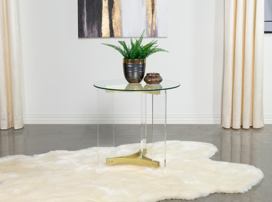 Janessa Round Glass Top End Table With Acrylic Legs Clear and Matte Brass