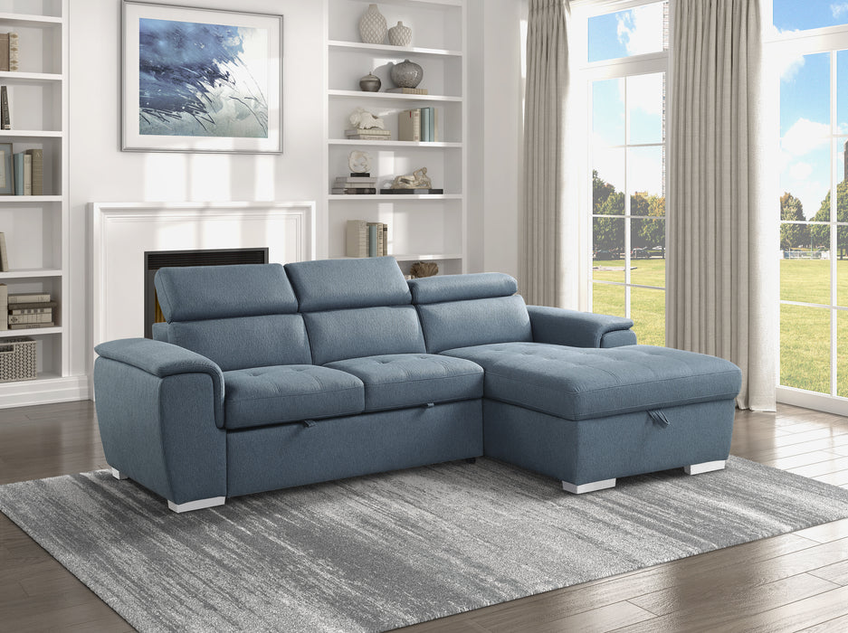 Berel 2-Pcs Sectional w/ Adj. Headrests, Pull-out Bed & Right Chaise w/Hidden Storage BLUE