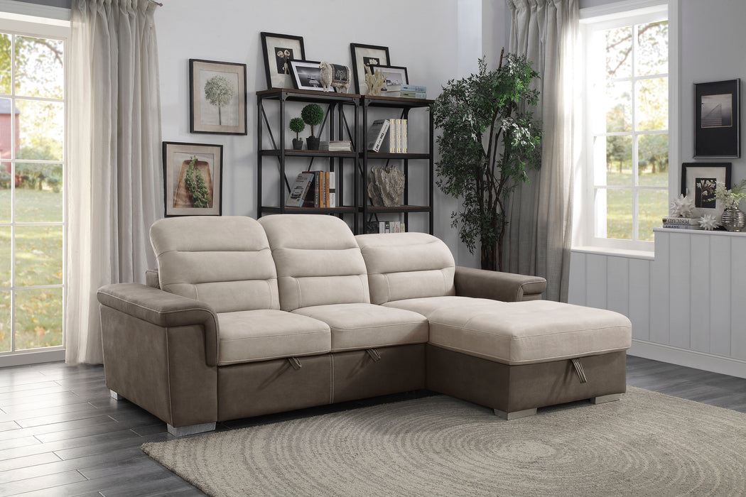 Alfio 2-Pcs Sectional w/ Adj. Headrests, Pull-out Bed & Right Chaise w/ Hidden Storage 2 TONE