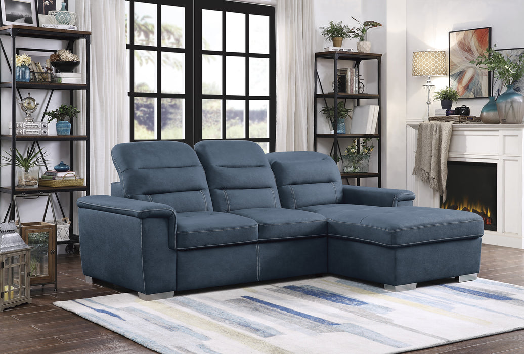 Alfio 2-Pcs Sectional w/ Adj. Headrests, Pull-out Bed & Right Chaise w/ Hidden Storage BLUE