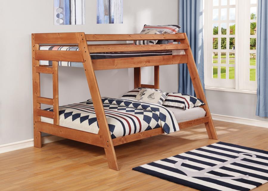 Wrangle Hill Twin Over Full Bunk Bed with Built-in Ladder Amber Wash SOLID WOOD