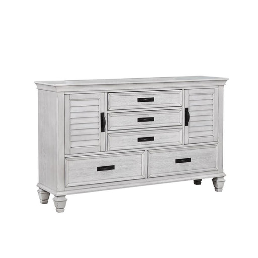 franco-antique-white-five-drawer-chest-with-louvered-panel-doors