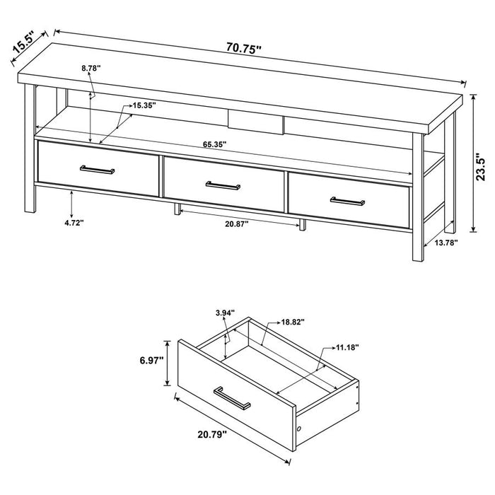 Ruston 71" 3-drawer TV Console WEATHERED PINE ONLY