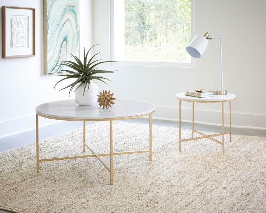 Ellison Round X-cross End Table White and Gold