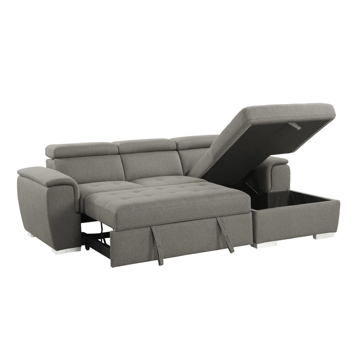 Berel 2-Pcs Sectional w/ Adj. Headrests, Pull-out Bed & Right Chaise w/Hidden Storage BROWN