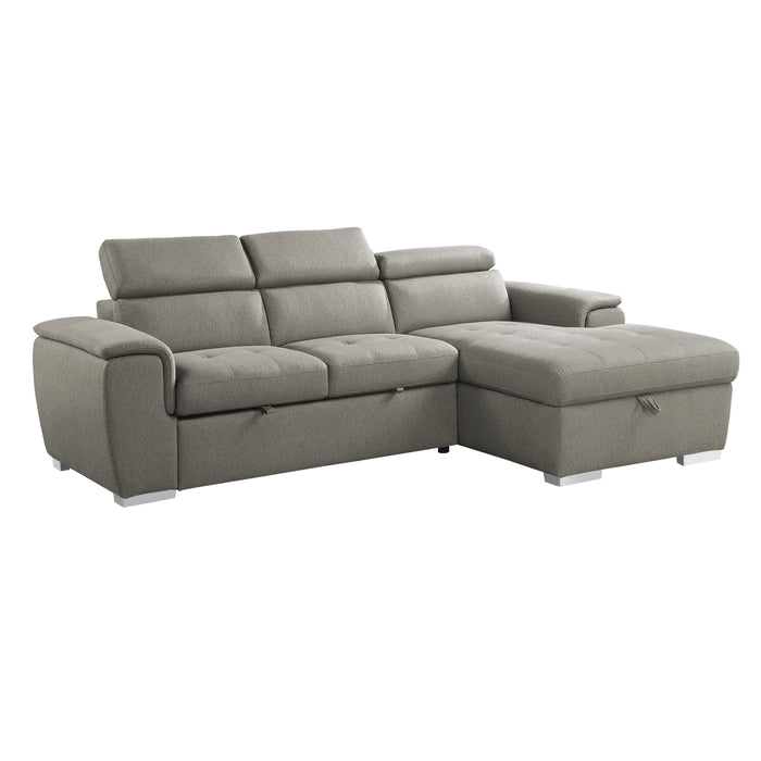 Berel 2-Pcs Sectional w/ Adj. Headrests, Pull-out Bed & Right Chaise w/Hidden Storage BROWN