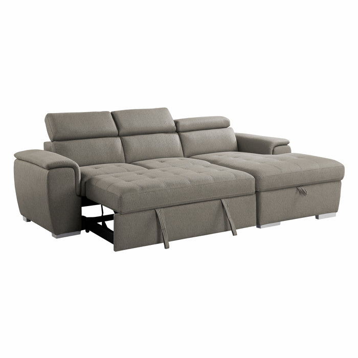 Berel 2-Pcs Sectional w/ Adj. Headrests, Pull-out Bed & Right Chaise w/Hidden Storage BROWN