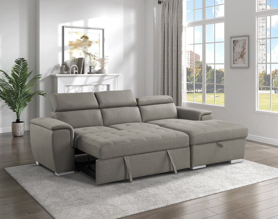 Berel 2-Pcs Sectional w/ Adj. Headrests, Pull-out Bed & Right Chaise w/Hidden Storage BROWN