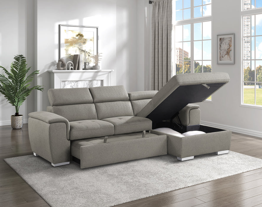 Berel 2-Pcs Sectional w/ Adj. Headrests, Pull-out Bed & Right Chaise w/Hidden Storage BROWN