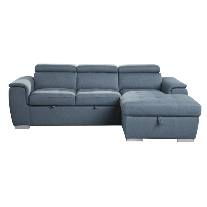 Berel 2-Pcs Sectional w/ Adj. Headrests, Pull-out Bed & Right Chaise w/Hidden Storage BLUE