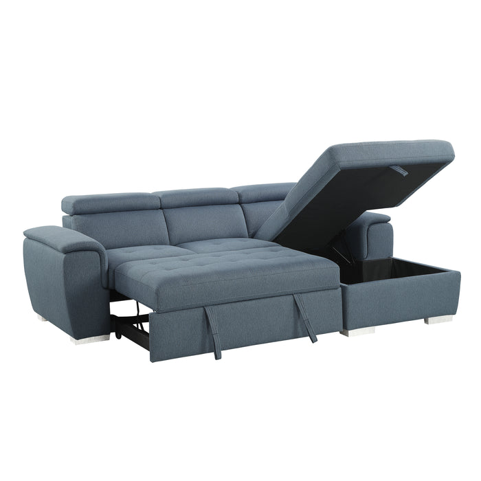 Berel 2-Pcs Sectional w/ Adj. Headrests, Pull-out Bed & Right Chaise w/Hidden Storage BLUE