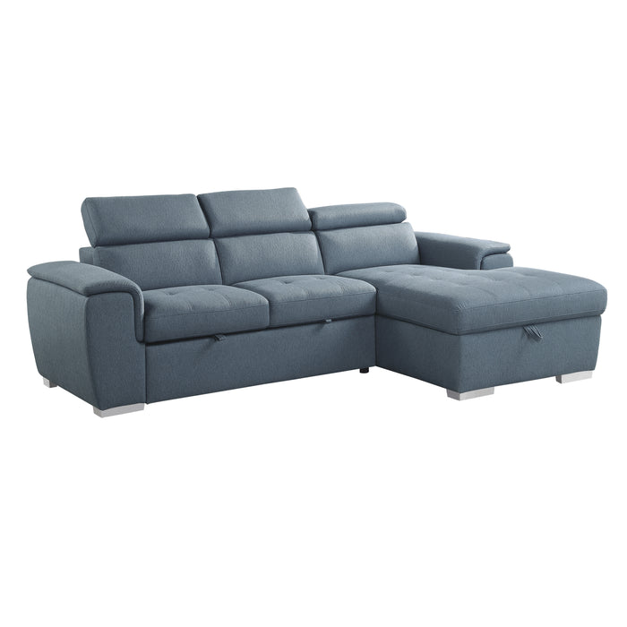 Berel 2-Pcs Sectional w/ Adj. Headrests, Pull-out Bed & Right Chaise w/Hidden Storage BLUE