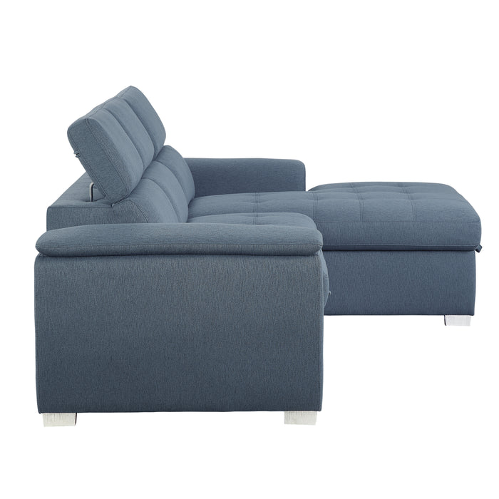 Berel 2-Pcs Sectional w/ Adj. Headrests, Pull-out Bed & Right Chaise w/Hidden Storage BLUE