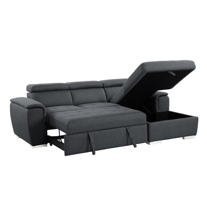 Berel 2-Pcs Sectional w/ Adj. Headrests, Pull-out Bed & Right Chaise w/Hidden Storage CHARCOAL