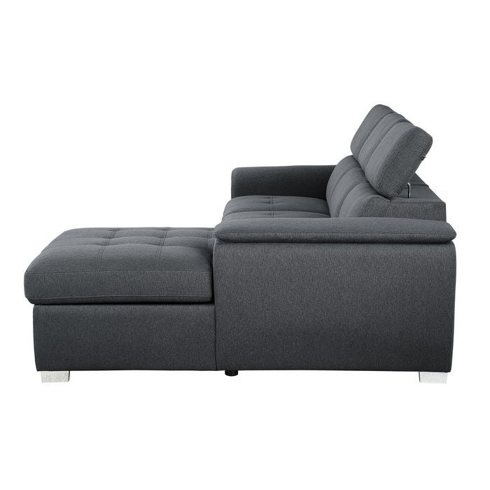 Berel 2-Pcs Sectional w/ Adj. Headrests, Pull-out Bed & Right Chaise w/Hidden Storage CHARCOAL