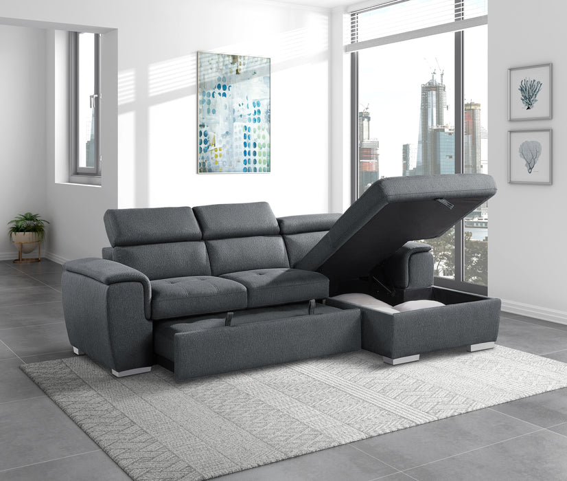 Berel 2-Pcs Sectional w/ Adj. Headrests, Pull-out Bed & Right Chaise w/Hidden Storage CHARCOAL