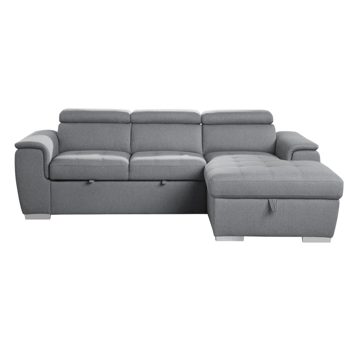 Berel 2-Pcs Sectional w/ Adj. Headrests, Pull-out Bed & Right Chaise w/Hidden Storage GREY