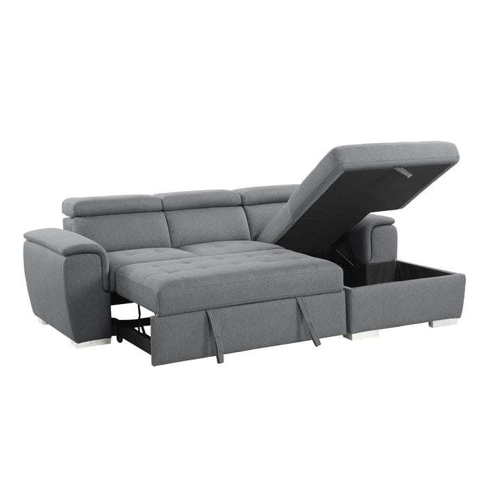 Berel 2-Pcs Sectional w/ Adj. Headrests, Pull-out Bed & Right Chaise w/Hidden Storage GREY