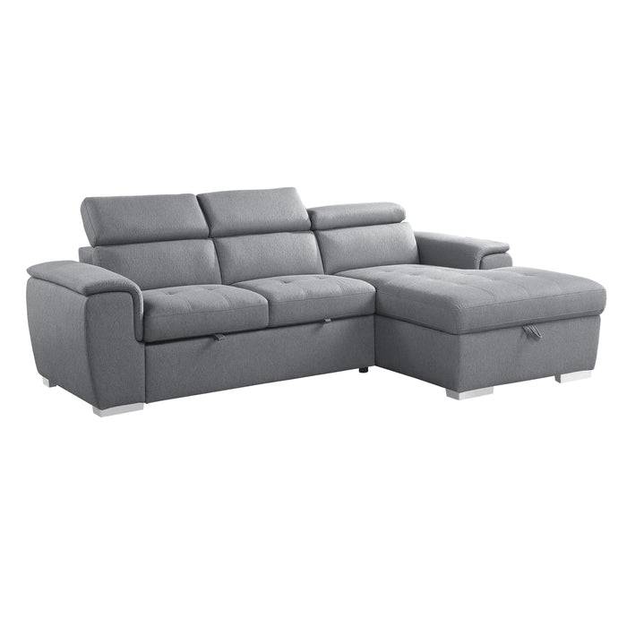 Berel 2-Pcs Sectional w/ Adj. Headrests, Pull-out Bed & Right Chaise w/Hidden Storage GREY