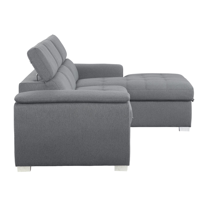 Berel 2-Pcs Sectional w/ Adj. Headrests, Pull-out Bed & Right Chaise w/Hidden Storage GREY