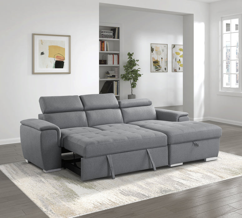 Berel 2-Pcs Sectional w/ Adj. Headrests, Pull-out Bed & Right Chaise w/Hidden Storage GREY