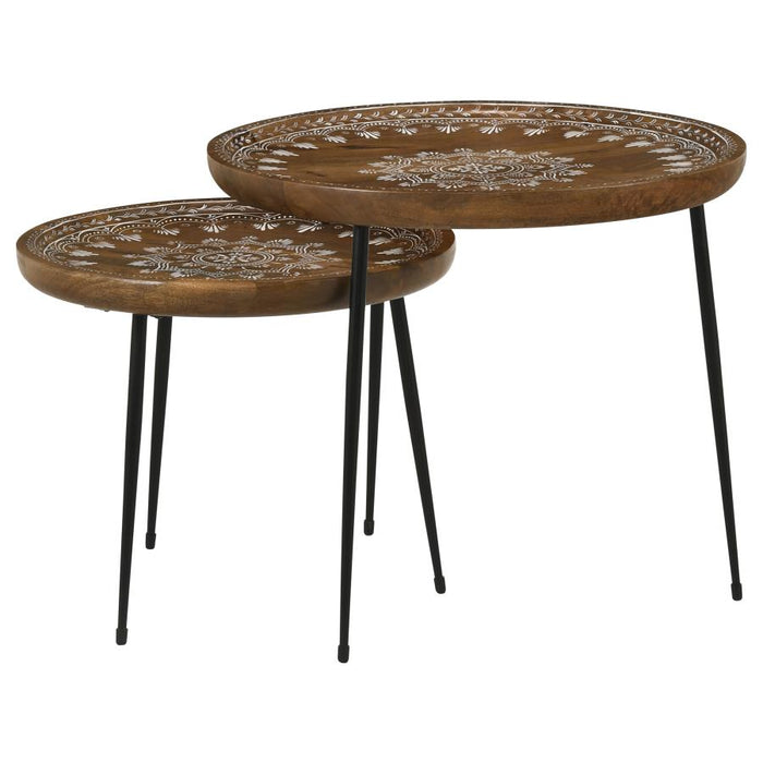 Nuala 2-piece Round Nesting Table with Tripod Tapered Legs Honey and Black