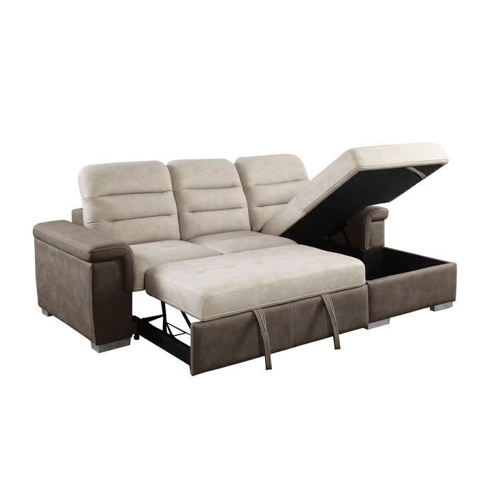 Alfio 2-Pcs Sectional w/ Adj. Headrests, Pull-out Bed & Right Chaise w/ Hidden Storage 2 TONE