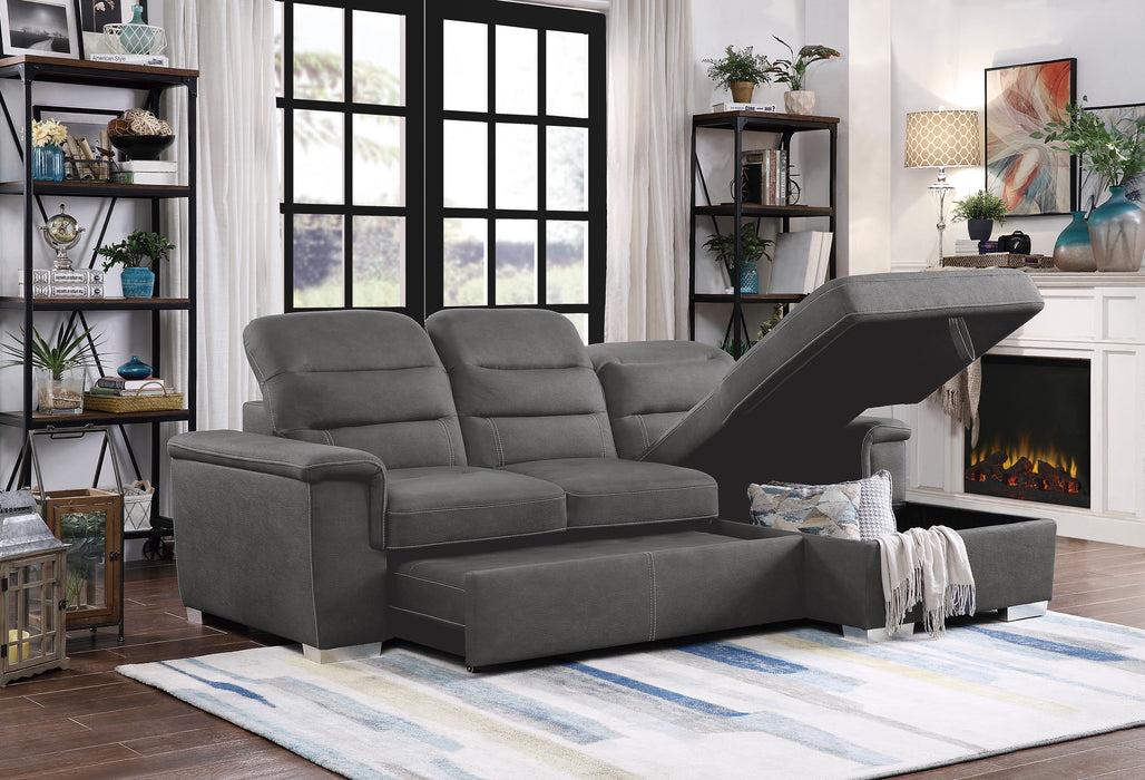 Alfio 2-Pcs Sectional w/ Adj. Headrests, Pull-out Bed & Right Chaise w/ Hidden Storage GREY