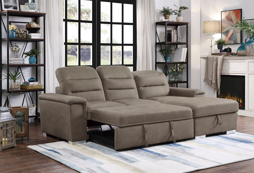 Alfio 2-Pcs Sectional w/ Adj. Headrests, Pull-out Bed & Right Chaise w/ Hidden Storage TAUPE