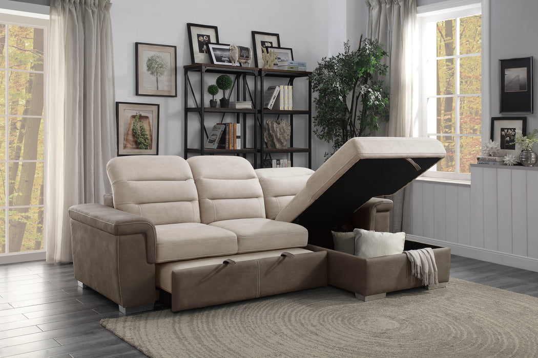 Alfio 2-Pcs Sectional w/ Adj. Headrests, Pull-out Bed & Right Chaise w/ Hidden Storage 2 TONE