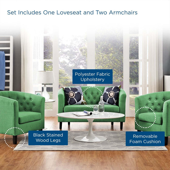 Prospect 3 Piece Upholstered Fabric Loveseat and Armchair Set