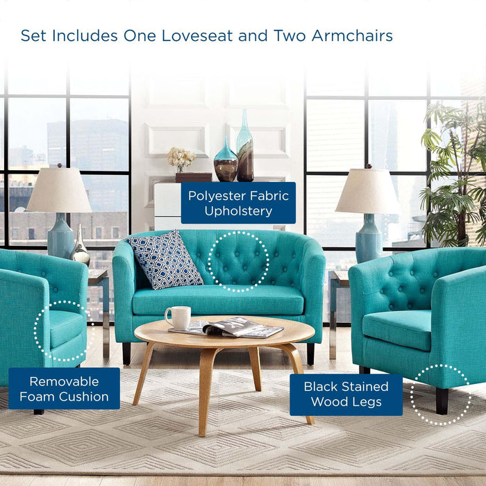 Prospect 3 Piece Upholstered Fabric Loveseat and Armchair Set