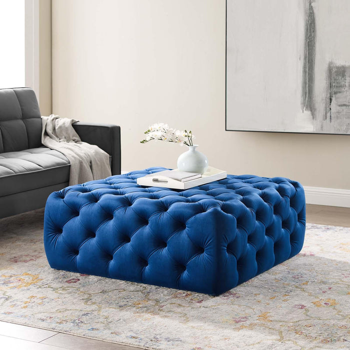 Amour Tufted Button Large Square Performance Velvet Ottoman