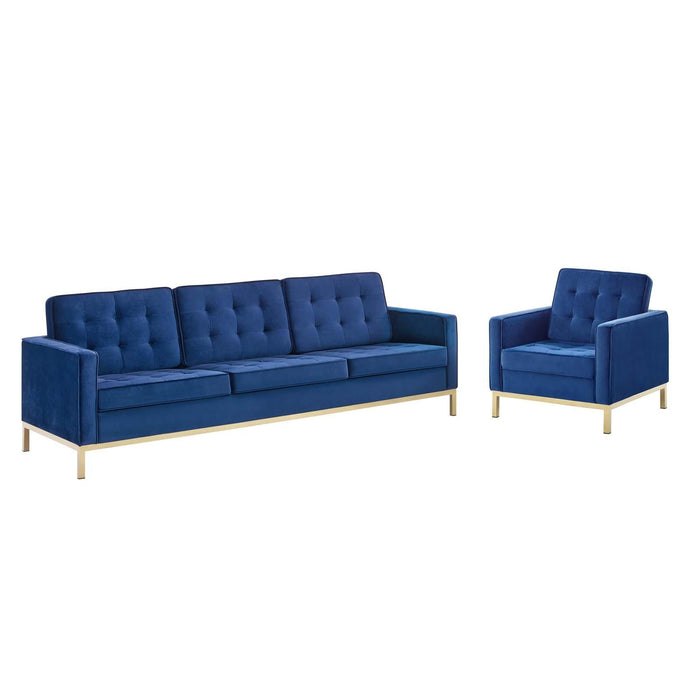 Loft Gold Stainless Steel Leg Performance Velvet Sofa and Armchair Set