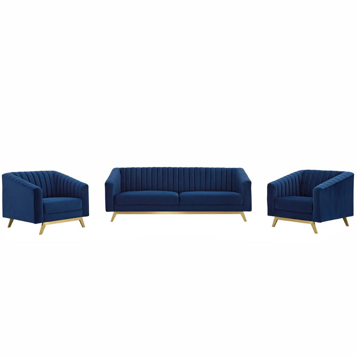 Valiant Vertical Channel Tufted Upholstered Performance Velvet 3 Piece Set