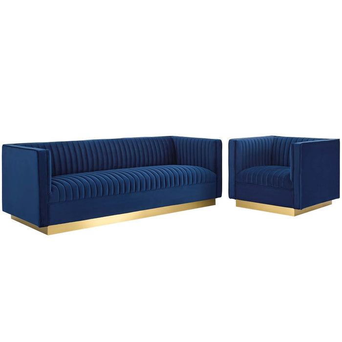 Sanguine Vertical Channel Tufted Upholstered Performance Velvet Sofa and Armchair Set