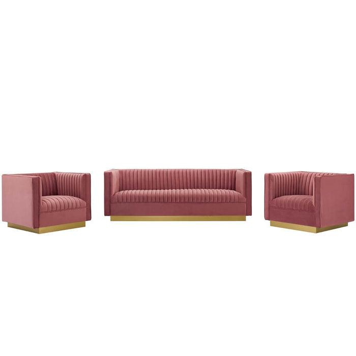 Sanguine 3 Piece Vertical Channel Tufted Upholstered Performance Velvet Set image