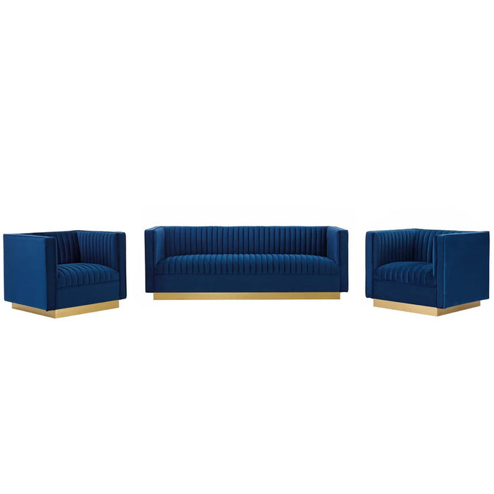 Sanguine 3 Piece Vertical Channel Tufted Upholstered Performance Velvet Set