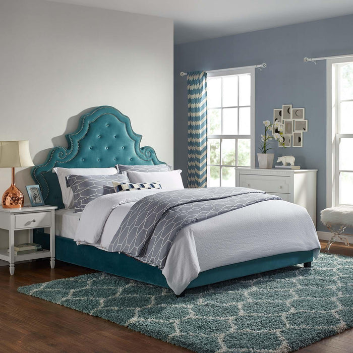 Valentina Queen Tufted Nailhead Performance Velvet Platform Bed