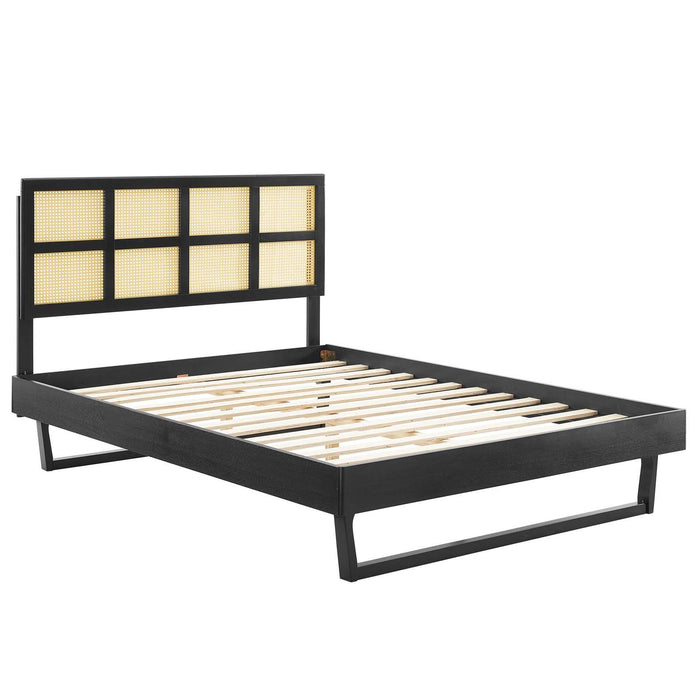 Sidney Cane and Wood Full Platform Bed With Angular Legs