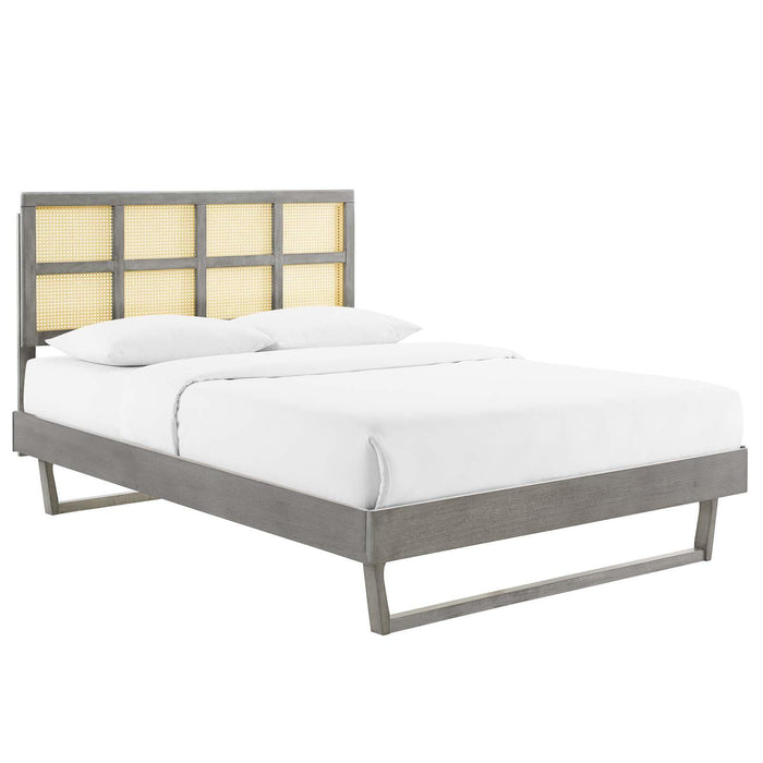 Sidney Cane and Wood Full Platform Bed With Angular Legs