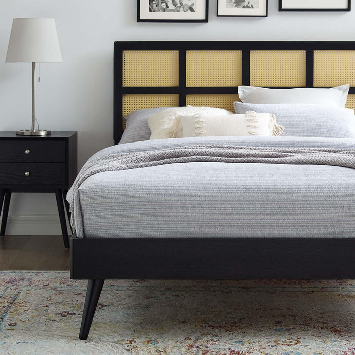 Sidney Cane and Wood Full Platform Bed With Splayed Legs