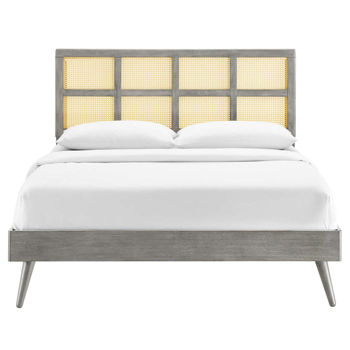 Sidney Cane and Wood Full Platform Bed With Splayed Legs